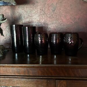 5 Purple glass mugs euc hand blown
